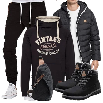 Outfit mit Schwarz/Grau/Dunkelgrau Verstaubare Jacke/Winterjacke/Kapuzenjacke/Thermojacke/Isolationsjacke/Puffer Jacke/Steppjacke Urban Classics "Cool Outfit"