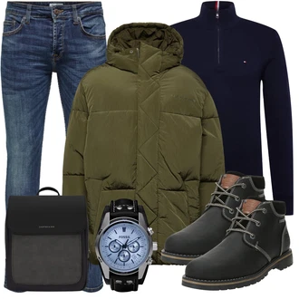 Outfit mit Schwarz/Dunkelgrün Lederjacke/Klassischer Stiefel/Schnürstiefelette/Schnürschuh/Gefütterte Stiefelette/vegane schuhe Dockers by Gerli "Cool Outfit"