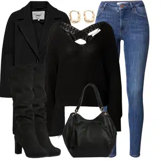 Outfit sa Plava/Tamnoplava/Svjetloplava Kožna Jakna/Kožne Cipele/Zimska jakna/Push-up Traperice/Traperice s Prorezom/Ženske Traperice 7/8 Dužine/High Waist Traperice/Slip-on Traperice Vila "Outfit za zimu"