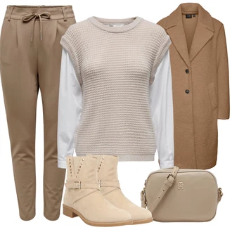 Outfit sa Smeđa/Bež Prijelazni Kaput/Midi Kaput/Lagani Kaput/Dugi kaput/Oversize Kaput/loden kaput/Kaput od Kašmira/Vintage Kaput/Pleteni Kaput/Vuneni Kaput/Zimski Kaput Vuneni kaput VERO MODA "Zimski outfit za slobodno vrijeme"