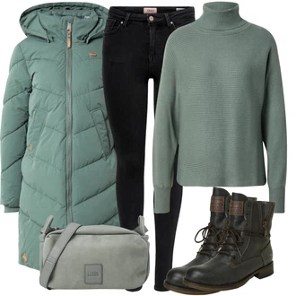 Lehké Teplé Outfit s Zelená/Tmavě zelená Zimní Kabát/Péřový Kabát/Dlouhý Péřový Kabát/Dlouhý Zimní Kabát/Parka/Prošívaný kabát Ragwear "Stylový zimní outfity"