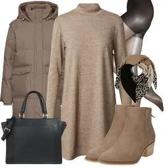 Nadrozměrné Dlouhé Outfit s Šedá/Hnědá/Béžová/Khaki Dlouhý Zimní Kabát/Péřový Kabát/Zimní Kabát/Dlouhý Péřový Kabát/Parka/Přechodový Kabát VERO MODA "Zimní outfity"Look: Venkovní, Nadrozměrné