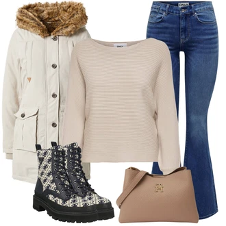 Outfity na zimu Styl Boho s Modrá/Světle modrá/Tmavě modrá Zvonové Džíny/Pánské tričko/Džíny s Nízkým Sedem/Džín s Nízkým Pasem/Džíny s Rozparkem/Nezařazené Only "Stylový zimní outfity"Look: Styl, 70tá léta, Boho, Cool, Disko, Old Money, Retro, Bezešvé