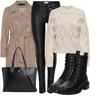 Outfit s Fialová/Béžová/Hnědá/Šedá Přechodový Kabát/Letní Kabát/Lehký Kabát/Kabát se Zipem/Vlněný Kabát/Kašmírový Kabát/Midi Kabát/Vlněný kabát/Trenčkot/Trenčkot VERO MODA "Módní zimní outfit"