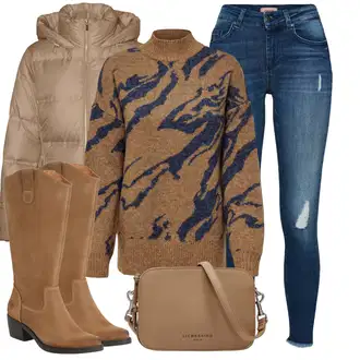 Outfit s Hnědá/Béžová Klasická kozačka/Kozačka po Kolena/Jezdecká Bota/Kovbojská Bota/Dlouhá Kozačka/Vintage kozačka/Kozačka se zipem/Bota se širokým nohavici Apple of Eden "Módní zimní outfit"