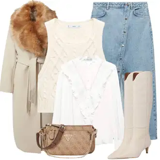 Outfiti za skunje S oblinama sa Bijela/Krem/Smeđa Bluza i Tunika/Bluza Veći Broj Mango "Cool zimski outfit"