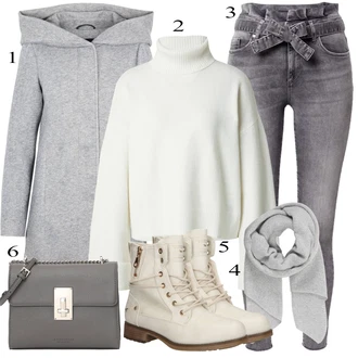 outfit mit Svetlo siva/Siva/Temno siva Usnjena Jakna/Ženske 7/8 Kavbojke/Gležnarji/Motoristične Kavbojke/Capri Kavbojke/Odrezane Kavbojke/Kavbojke Visokega Pasu/Push up Kavbojke/Usnjene Čevlje/Termodžinsi/Moška Usnjena Jakna/Zimska jakna Only "Zimski outfit"