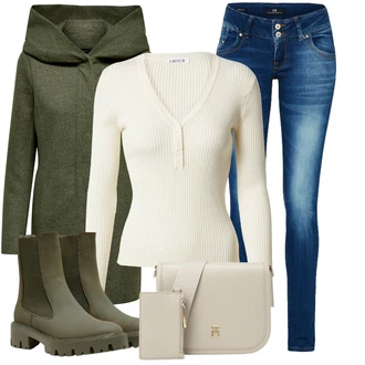 Outfit s Tmavě zelená Lodenový kabát/Pletený Fleecový Kabát Only "Módní zimní outfit"