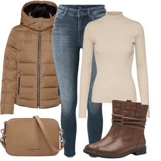 Outfit s Hnědá/Béžová/Khaki Prošívaná Bunda/PodZimní Bunda/Bunda s Kapucí/Nafukovací Bund/Zimní Bund/Bunda s Bočním Zipem/Puchová Bund/Udržitelná bunda/Letní peřová bunda VERO MODA "Zimní look"