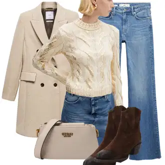 S Třásně Outfit s Modrá/Světle modrá Džín s Širokou Nohavicí/Džíny Culottes/Džíny s Rozparkem/Pánské tričko/Zkrácené Džíny/Vintage džíny/Zvonové Džíny/Džíny Volného Střihu/Dad Džíny/Dámské Džíny s Délkou 7/8 Mango "Stylový zimní outfity"