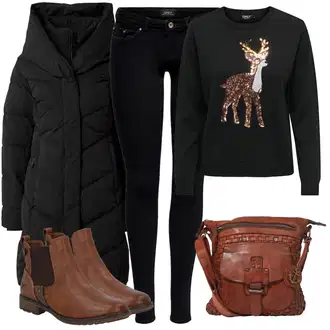 Layered Outfit s Černá Zimní Kabát/Péřový Kabát/Dlouhý Péřový Kabát/Dlouhý Zimní Kabát/Prošívaný kabát/Přechodový Kabát Ragwear "Stylový zimní outfity"Look: Cool, Layered, Moderní, Mom, Venkovní, Příliš oblečený, Nadrozměrné, Sportovní