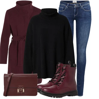 Outfit s Tmavě červená/Vínová/Fialová Přechodový Kabát/Pletený Kabát/Zimní Kabát Vlněný kabát/Scuba Kabát/Vlněný Fleecový Kabát/Trenčkot/Lodenový kabát/Midi Kabát/Kašmírový Kabát Vila "Trendový zimní vzhled"