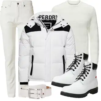 Winter Outfits mit Khaki/Creme/Weiß/Hellgrün Tapered-Jeans/Slim Fit Jeans/Mom Jean/Jeans mit Schlitz/High Waist Jeans/Dad Jeans/Cropped Jeans/Lederjacke/Straight Leg Jean/Girlfriend Jeans/Biker Jeans about you x jaime lorente "Elegant Winter Outfit"