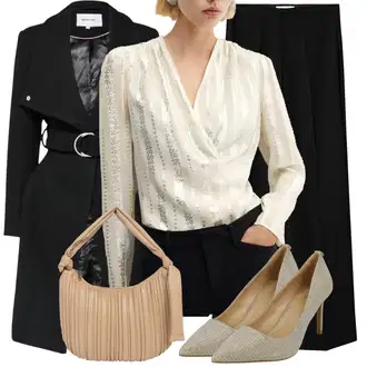 Elegantan Outfit sa Crna/Bež Široka Hlača/Hlače s Prorezom/Hlače S Naborom/Hlače s prednjim naborom/Marlene Hlača Mango "Cool zimski outfit"Look: Ured, Poslovni, Prevelik, GoGo, Elegantan, Old Money, Vanjski, klasický