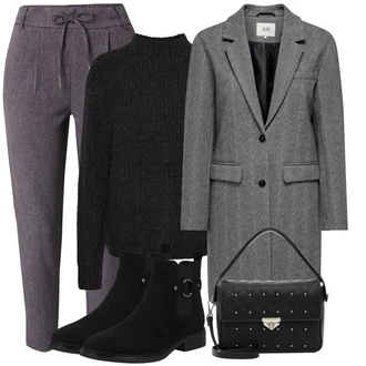 Outfit s Světle šedá/Fialová/Šedá/Tmavě šedá/Růžová Paperbag Kalhoty/Mušelínové kalhoty/Tvídová Kalhoty/Mrkvová Kalhoty/Obleková Kalhoty/Ležérní Kalhoty/Kalhoty s nášivkou uprostřed/Látková Kalhoty/Business Kalhoty/Kalhoty s Vysokým Pasem Only "Elegantní zimní outfit"