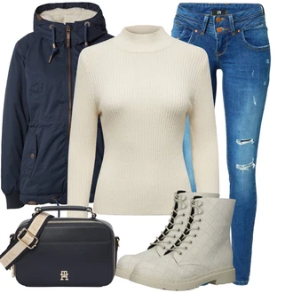 Outfit sa Siva/Tamnozelena/Kaki/Bijela/Bež/Krem Čizmica Gležnjača na Vezanje/Borbena Čizma/Klasična čizmica/Podstavljena čizma/Kožna Jakna/Ravna Gležnjača Dockers by Gerli "Trendi zimski outfit"