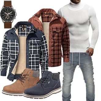 Outfit mit Rot/Dunkelrot/Braun/Orange Kariertes Hemd/Flanellhemd Meilicloth, Blau/Dunkelblau/Grau/Hellblau Jeanshemd/Kariertes Hemd/Flanellhemd Meilicloth "Freizeit Outfit"
