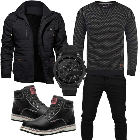 Fell Schwarz Herren Lederschuhe/Stiefel Mit Reißverschluss/SchnürStiefel/Winter Stiefelette/Wasserdichter Stiefel/Klassischer Stiefel/Winter Sneaker/Gefütterte Stiefelette/MotorradStiefel/Wasserfester Schuh/Sicherheitsschuh AX BOXING kombinieren