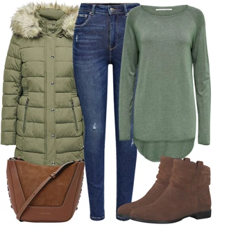 Cowgirl Outfit sa Smeđa/Tamnosmeđa Čizmica Ravna Gležnjača Tamaris "Trendi zimski outfit"Look: Prekrasan, Cowgirl, Vanjski, Pametno ležerno, Western, cool, Unisex