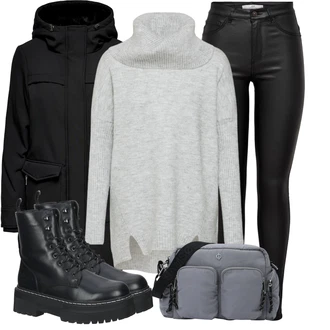 Motorka Outfit s Černá Kozačka Šněrovací Kotníková Bota/Bojová Bota/Motorkářská bota/Šněrovací Kozačka na Platformě Dockers by Gerli "Zimní look"Look: Skating, Motorka, Jízda na koni