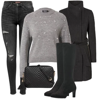 Outfit s Šedá/Stříbrný/Tmavě šedá/Světle šedá Basic Svetr/Svetr s Výstřihem/Třpytivý Svetr/Jednoduchý Svetr/Zimní Svetr/Vlněný Svetr/Svetr z Jemné Pleteniny/Crop Svetr/Pletený Svetr/Svetr Niki Only "Módní zimní outfit"