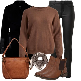 Outfit s Hnědá/Béžová Chelsea Boty/Kožená bunda/Plochá Kotníková Bota/Jezdecká Bota Mustang "Outfity na zimu"