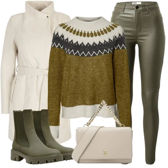 Kůže Outfit s Tmavě zelená/Khaki Kožená bunda/Motorkářské Džíny/High Waist Džínové Kalhoty/Džíny s Rozparkem/Termální Džíny JdY "Módní zimní outfit"