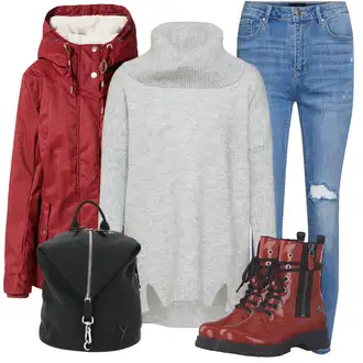 Outfit s Červená/Tmavě červená Parka Přechodová Bund/Outdoorové Bundy/Podzimní bunda/Snowboardová Bund/Sněhová Bund/Zimní Bund/Bunda s Kapucí/Zimní Parka/Bunda 2v1/Lyžařská bunda/Bunda s Vnitřním Vystláním Ragwear "Módní zimní outfit"