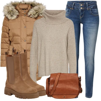 Outfit s Hnědá/Béžová Kozačka Chelsea Boty/Klasická Kozačka Apple of Eden "Módní zimní outfit"