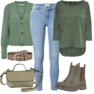 S nýtováním Kůže Outfit s Tmavě zelená/Hnědá/Béžová Kozačka Plochá Kotníková Bota/Kožená bunda/Gumová Kotníková Bota About You "Módní zimní outfit"