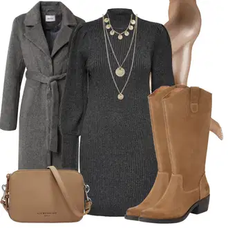 Outfit s Hnědá/Béžová Klasická kozačka/Kozačka po Kolena/Jezdecká Bota/Kovbojská Bota/Dlouhá Kozačka/Vintage kozačka/Kozačka se zipem/Bota se širokým nohavici Apple of Eden "Zimní outfit pro volný čas"
