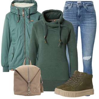 Outfit s Zelená/Tyrkysový/Tmavě zelená Trekingová bunda/Parka Přechodová Bund/Turistická bunda/Snowboardová Bund/Zimní Bund/Bunda s Kapucí/Outdoorové Bundy/Bundeswehr Parka/Zimní Parka Ragwear "Módní zimní outfit"