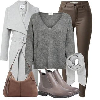 Old Money Outfit s Šedá/Světle šedá Šál/Kruhový Šál About You "Outfity na zimu"Look: Klasické, Pro Dům, Old Money, Skromné, Traditional, Retro, 80tá léta