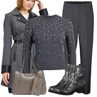 Motorka Outfit s Tmavě zelená/Šedá/Tmavě šedá/Černá Kozačka Motorkářská bota/Motorkářská Bota Tamaris "Módní zimní Outfit"Look: Jízda na koni, Motorka