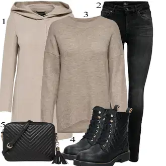 outfit mit Črna/Temno siva/Siva Usnjena Jakna/Motoristične Kavbojke/Kavbojke Visokega Pasu/Kavbojke z Razporkom/Push up Kavbojke/Ozke Kavbojke/Usnjene Čevlje/Termodžinsi/Zimska jakna Only "Zimski outfit"