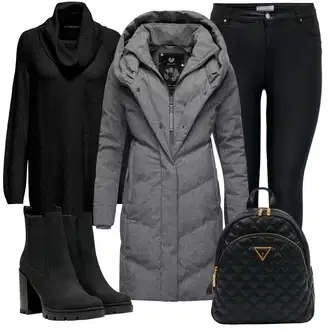 Outfit s Šedá/Tmavě šedá Zimní Kabát/Prošívaný kabát/Péřový Kabát/Dlouhý Péřový Kabát/Kabát s Kapucí/Kabát se Zipem/Parka/Dlouhý Zimní Kabát Ragwear "Módní zimní outfit"