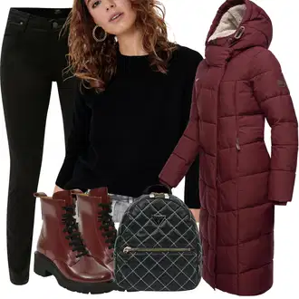 Prošívaný Dlouhé Outfit s Červená/Fialová/Tmavě červená/Vínová Prošívaný kabát/Péřový Kabát/Zimní Kabát/Dlouhý Péřový Kabát/Dlouhý Zimní Kabát Ragwear "Módní zimní outfit"