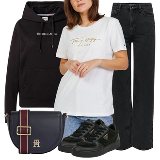 Elegantní Outfit s Černá Teniska Kožené Tenisky/Nízká Teniska/Úzká Teniska/Teniska na platformě/Teniska teddy Guess "Módní zimní outfit"Look: Estetika, Šik, Elegantní, Fancy, Glamourové, Lak, Lev, Sportovní, Streetwear, Trendový, Unisex
