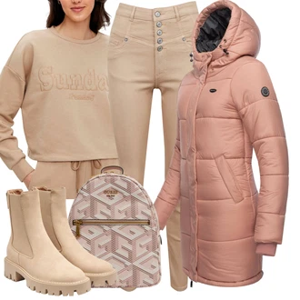 Outfity na zimu Bez rukávů Midi s Růžová/Zlatý Mini batoh/Mini batoh Guess "Módní zimní outfit"