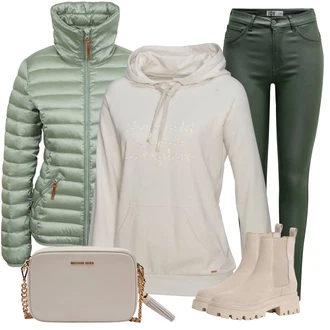 Nadrozměrné Outfit s Béžová/Hnědá/Khaki Chelsea Boty/Kožená bunda/Plochá Kotníková Bota/Gumová Kotníková Bota/Letní kotníková kozačka Tamaris "Módní zimní outfit"Look: Unisex, Šik, Armáda, Nadrozměrné, Sportovní, Ležérní, Glamourové, Estetika, Trendový