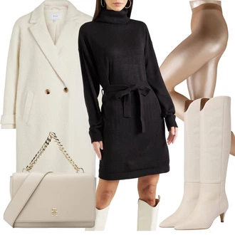 Outfit s Béžová/Bílá/Khaki Dlouhá Kozačka/Kozačka po Kolena/Kozačka nad Kolena/Vintage kozačka/Špičatá Kozačka About You "Módní zimní outfit"