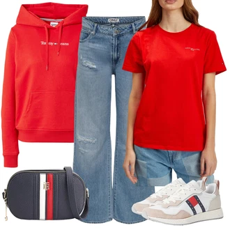 Outfit s Béžová/Krémová/Bílá Bota Vintage teniska/Teniska teddy/Úzká teniska/Kožené tenisky/Nízká Teniska/Letní tenisky Tommy Jeans "Módní zimní outfit"
