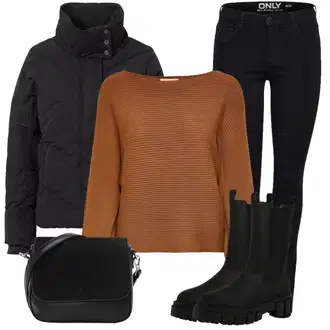 Kombinacije za zimu Gotički sa Crna Chelsea Gležnjača/Motociklistička čizma About You "Elegantan zimski outfit"Look: Techno, Vanjski, Gotički, Punk