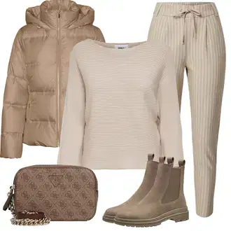 Outfity na zimu Pruhovaný s Béžová/Hnědá/Khaki Plisovaná Kalhoty/Plisovaná kalhoty/Ležérní Kalhoty/Mušelínové kalhoty/Paperbag Kalhoty/Kalhoty s nášivkou uprostřed Only "Outfity na zimu"