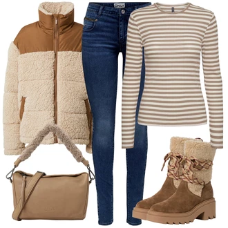 Kožešina Outfit s Hnědá/Béžová Vycpaná kozačka/Kotníková Bota s Podšívkou/Zimní bota/Zimní kozačka z jehněčí kůže/Bota se širokým nohavici/Zimní kotníková bota/Šněrovací Kozačka Tamaris "Outfity na zimu"