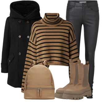 Outfit s Černá Duffle Kabát/Kabát s Kapucí/Kabát z Kabanosu/Vlněný Fleecový Kabát/Zimní Kabát Vlněný kabát S.Oliver "Stylový zimní outfity"