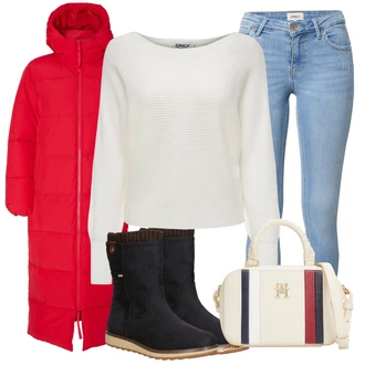 Kombinacije za zimu bez ramienok sa Krem/Bijela/Bež Torbica/Mala Torbica/Torba za pisma/Torba Za Preko Ramena Tommy Hilfiger "Elegantan zimski outfit"
