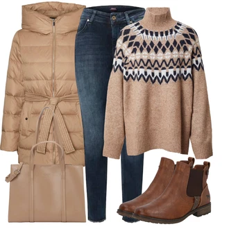 Outfit s Hnědá/Béžová Chelsea Boty/Kožená bunda/Plochá Kotníková Bota/Jezdecká Bota Mustang "Trendový zimní vzhled"