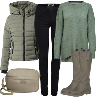 Outfit s Šedá/Hnědá/Tmavě zelená/Khaki/Béžová Nepromokavá kozačka/Holínky/Jezdecká Bota/Klasická kozačka/Dlouhá Kozačka/Kozačka se zipem/Bota se širokým nohavici About You "Outfity na zimu"