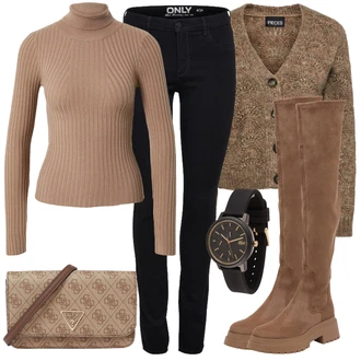 Kombinacije s čizmama Rockerski sa Smeđa/Bež Široke čizme/Duga Čizma/Čizma Iznad Koljena/Ravna čizma preko koljena/Čizma do Koljena About You "Trendi zimski outfit"Look: Prevelik, cool, Rockerski, Unisex, Cowgirl, Ležerno, Safari